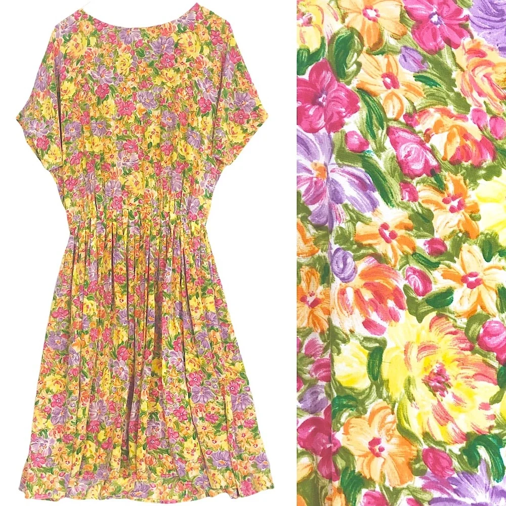 VINTAGE 80s 90s Bold Yellow Pink Floral Brushstroke Art Print Silk Pleated Mini - Picture 1 of 9